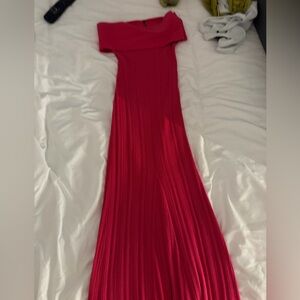 Anna Quan Off‑Shoulder Pleated Maxi Dress in Bright Pink